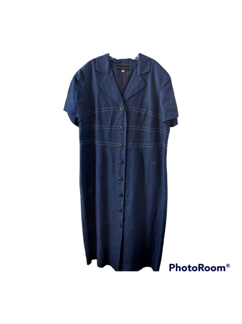 VTG Kelly Graham blue w/ white accents lined button up career dress, size 18 EUC